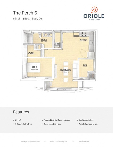 Floor plan for 1 bed, 1 bath, 821 sqft